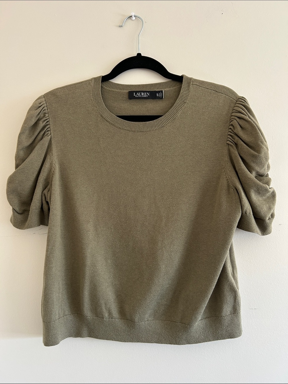 Lauren Ralph Lauren Olive Puff-Sleeve Short Sleeve Knit Top, Size XL